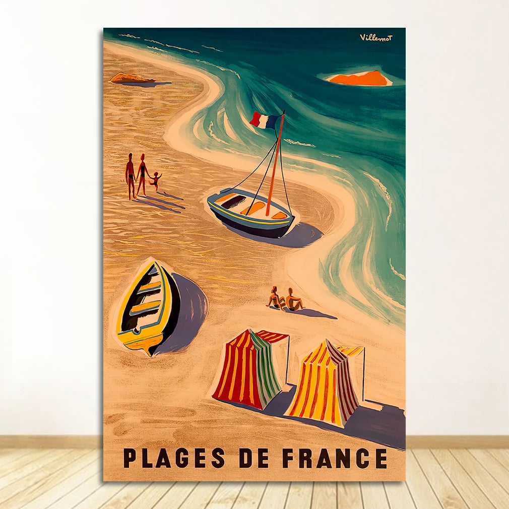 France & Japan Vintage Travel Canvas Poster | Unframed Wall Art