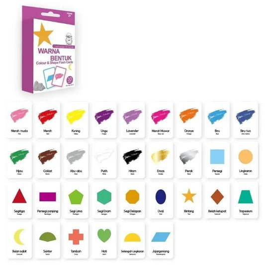 33-Piece Indonesian & English Bilingual Flashcards for Kids Bilingual Flashcard Set Peaceful Pleasures Health and Wellness color for shape CN