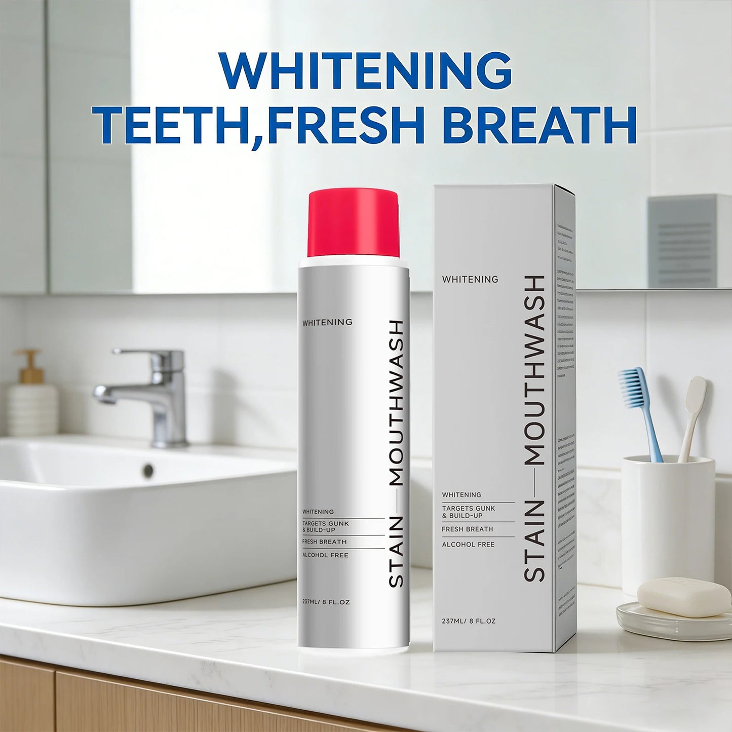 Whitening Stain Mouthwash Clean Food Residue Reduce Dental Plaque Eliminate Odors Freshing Breath Alcohol Free Daily Teeth Care Peaceful Pleasures Health and Wellness