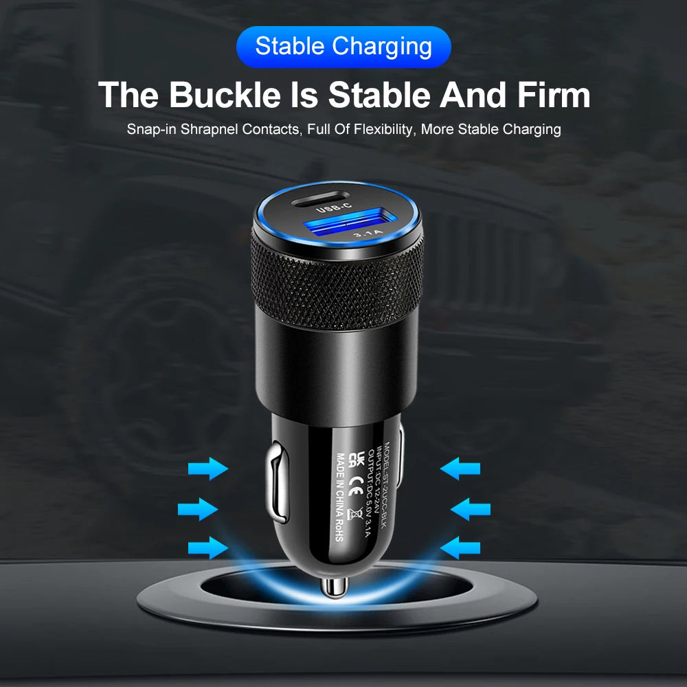 3.1A Dual USB & Type-C PD Fast Car Charger | iPhone Samsung