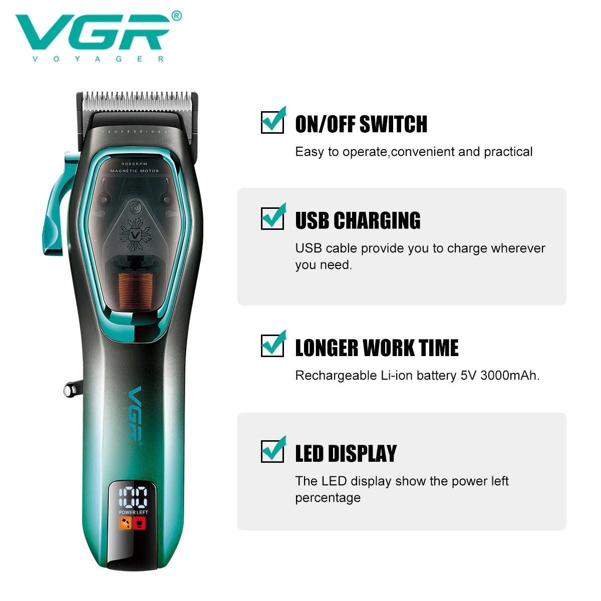 VGR Hair Clipper Professional Hair Trimmer 9000 RPM Hair Cutting Machine Adjustable Barber Haircut LED Trimmer for Men V-674 Peaceful Pleasures Health and Wellness
