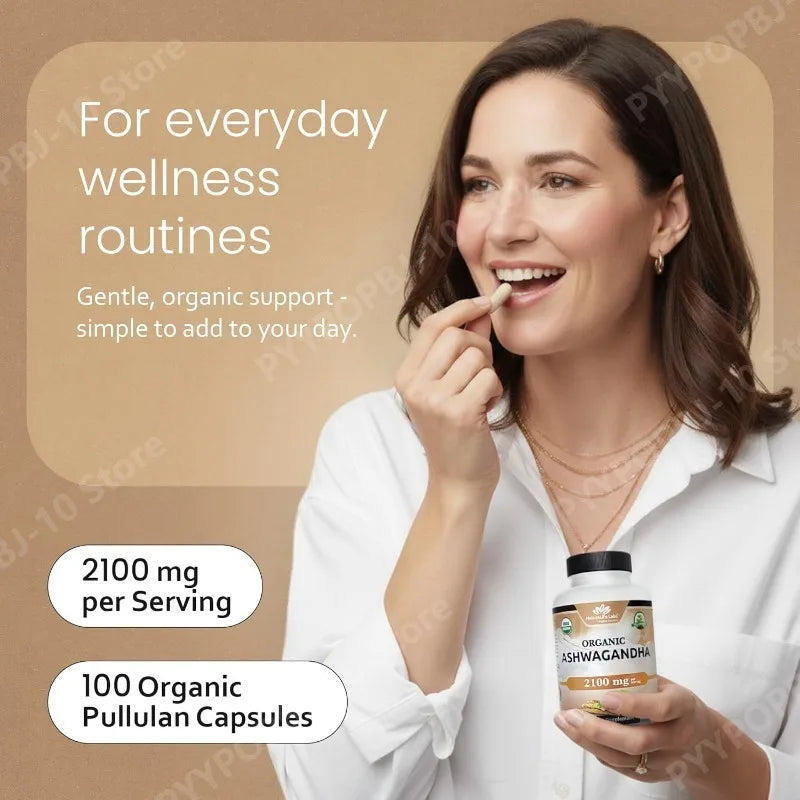 Organic Ashwagandha Capsules | Root Powder & Extract 100 Ct