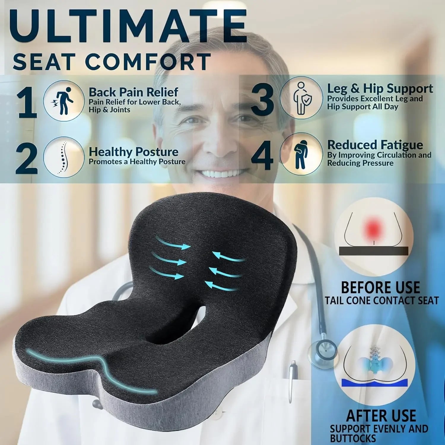 Memory Foam Seat Cushion for Back Support, Sciatica Relief, Ergonomic Comfort for Long Sitting & Driving Peaceful Pleasures Health and Wellness