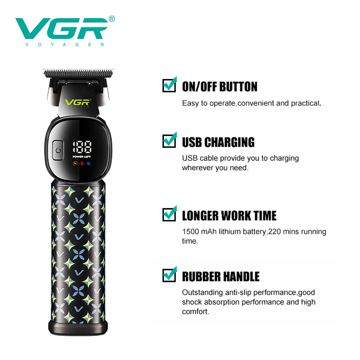 VGR new hair clipper LED intelligent digital USB hair trimmer ceramic stainless steel blade professional electric push V-185 Peaceful Pleasures Health and Wellness
