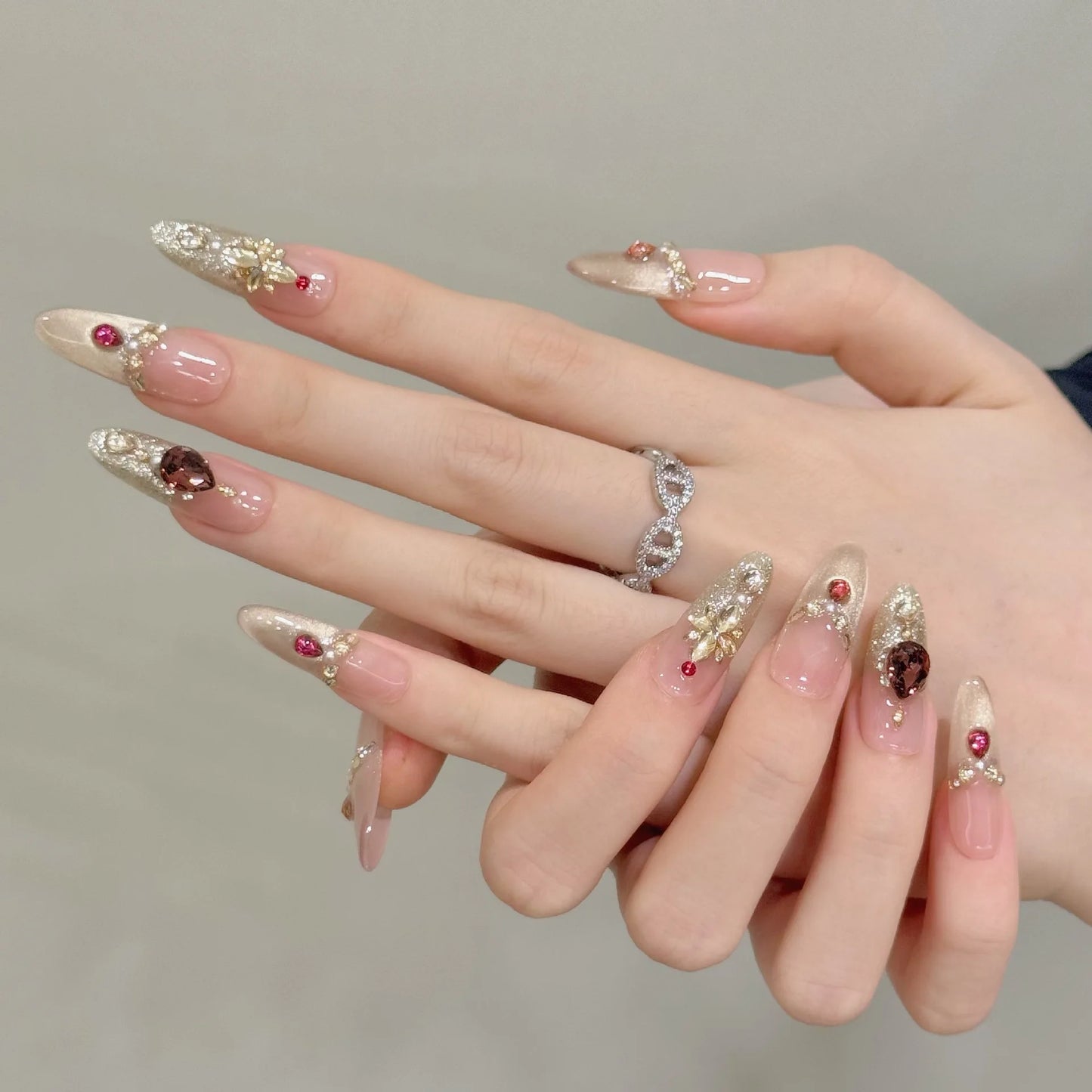 Press On Nails K9 Cat's Eye Glitter Red Velvet Rhinestone 10pc