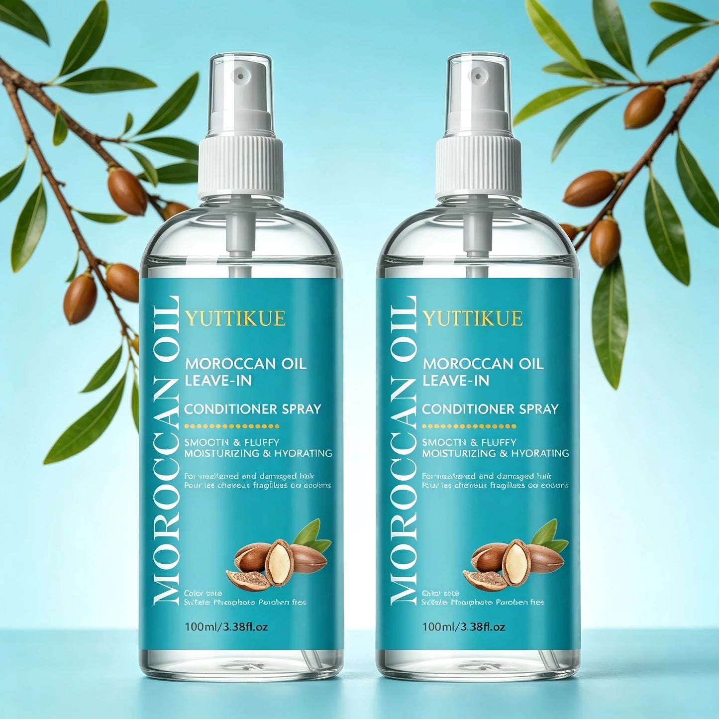 YUITIKUE Moroccan Oil Leave-In Conditioner Spray 100ml Smooth Fluffy Moisturizing Hydrating for Damaged Hair Peaceful Pleasures Health and Wellness 2pc