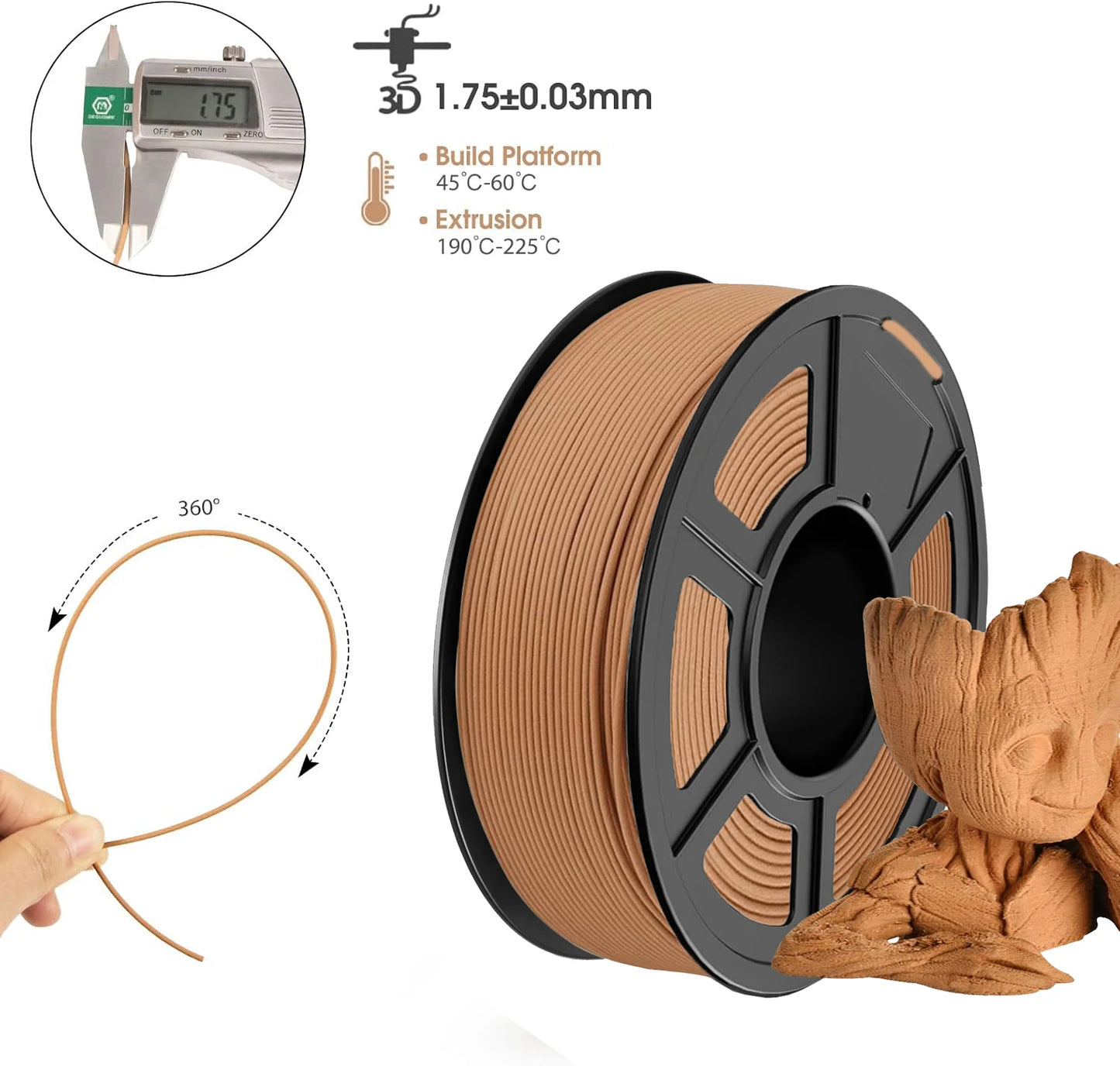 PLA+ Wood Filament 1.75mm ±0.02mm | 250g–1000g Spool
