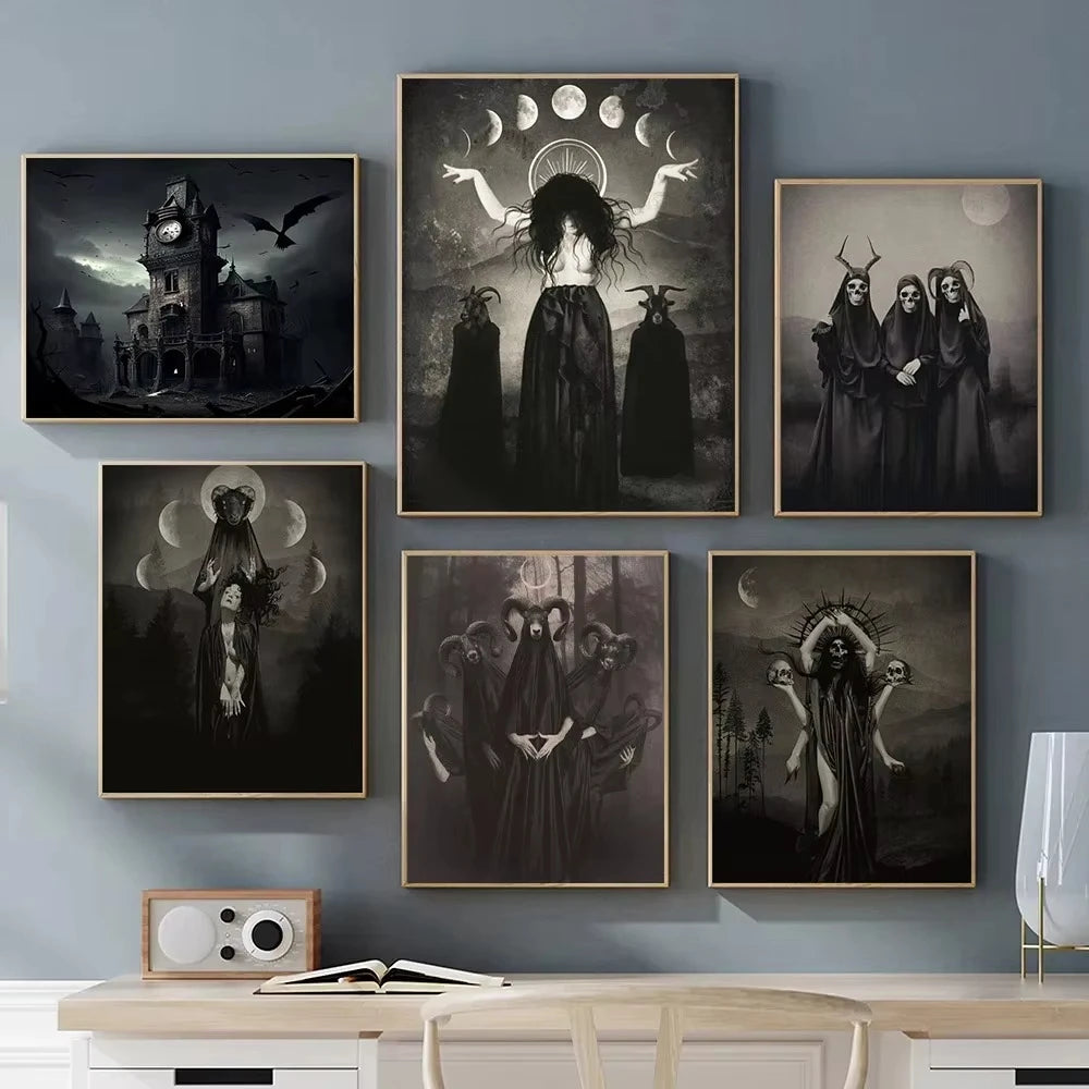 AA Dark Academia Art Black Death Poster Prints For Living Room Home Decor Nordic Gothic Horror Witch Canvas Painting Wall Art Peaceful Pleasures Health and Wellness