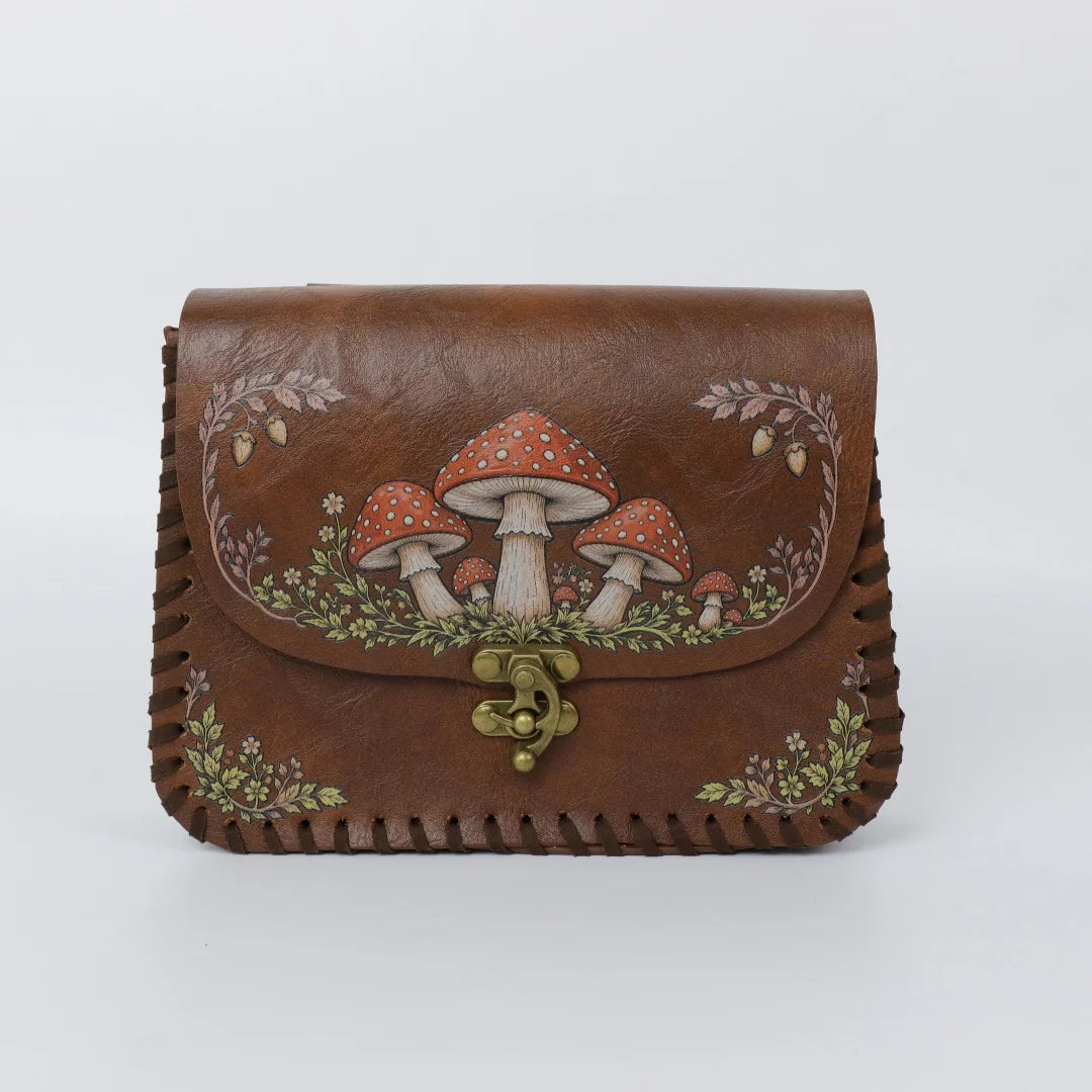 Vintage Mushroom Floral Print Black Faux Leather Belt Pouch Medieval