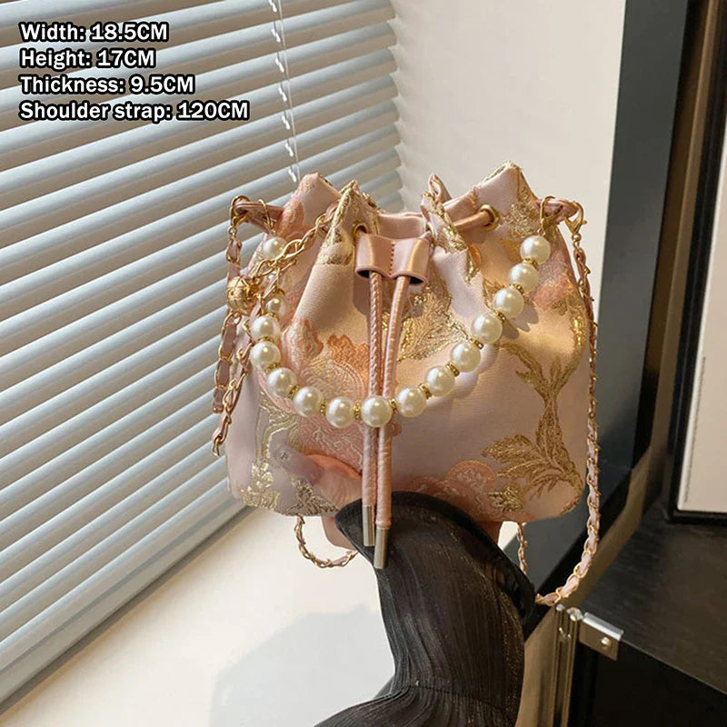 Pearl Chain Bucket Bag – Retro Chinese Style Crossbody