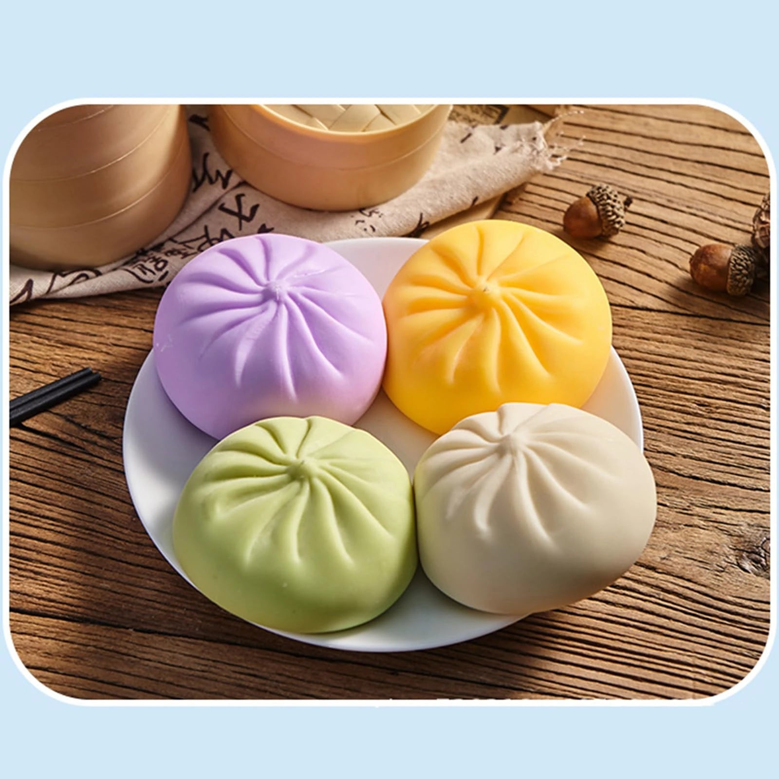 Colorful Dumpling Squishes Stress Balls Fidget Sensory Toys Simulation Food Squishies Bun with Steamer Squeeze Dough Ball Gifts Peaceful Pleasures Health and Wellness