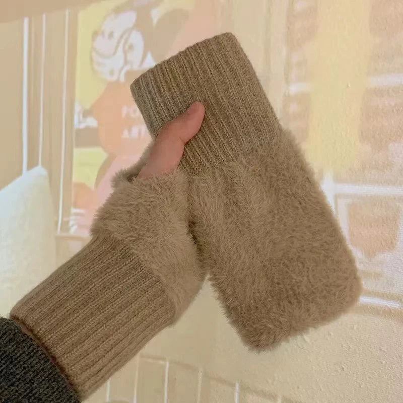 Women's Mink Fleece Fingerless Gloves | Half Finger Winter Mitts