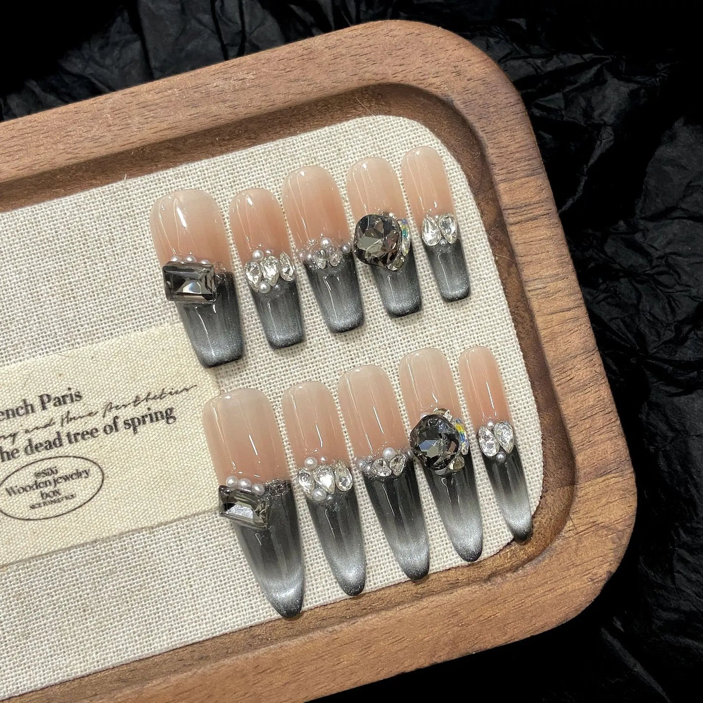 Black Cat Eye Press On Nails – Glitter Crystal Long Nail Tips