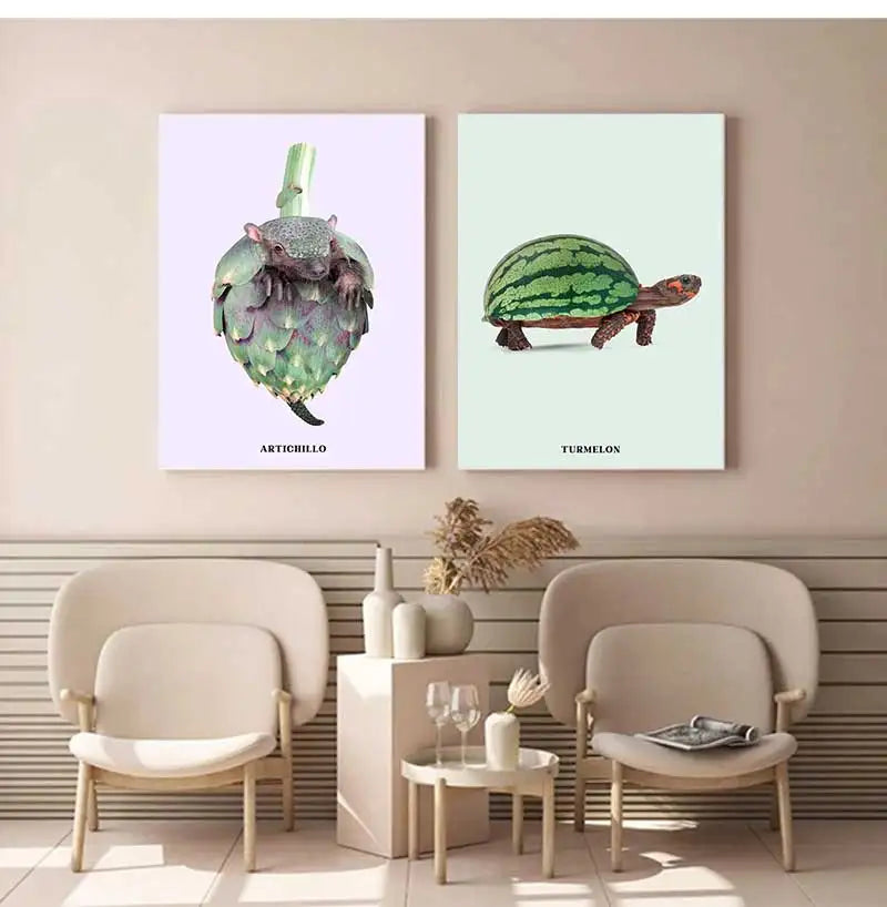 Funny Fruit Animal Poster, Kitchen Canvas Painting, Garlic, Goose,Cauliflower, Sheep Wall Picture, Living Room Decor Peaceful Pleasures Health and Wellness