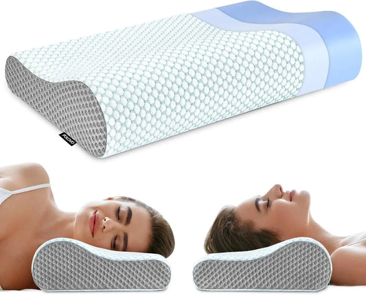 Ergonomic Memory Foam Pillow for Neck and Shoulder Pain Relief, Contour Design for Side Back Stomach Sleepers in Blue & Grey Peaceful Pleasures Health and Wellness United States