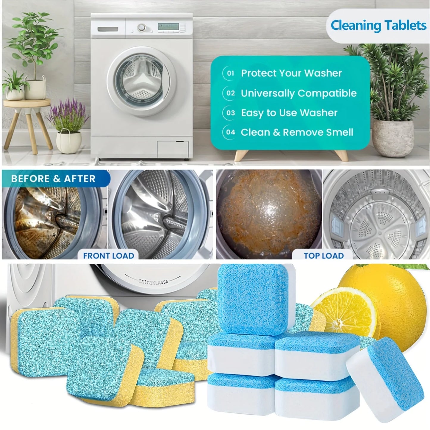 Washing Machine Cleaner Tablets 5/25/35 Count, Lemon Scent, Deep Cleaning, Dirt Remover, Clean Laundry Washer Drum and Tub Peaceful Pleasures Health and Wellness