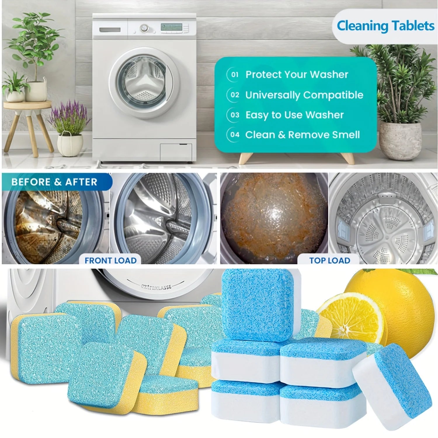 Washing Machine Cleaner Tablets 5/25/35 Count, Lemon Scent, Deep Cleaning, Dirt Remover, Clean Laundry Washer Drum and Tub Peaceful Pleasures Health and Wellness