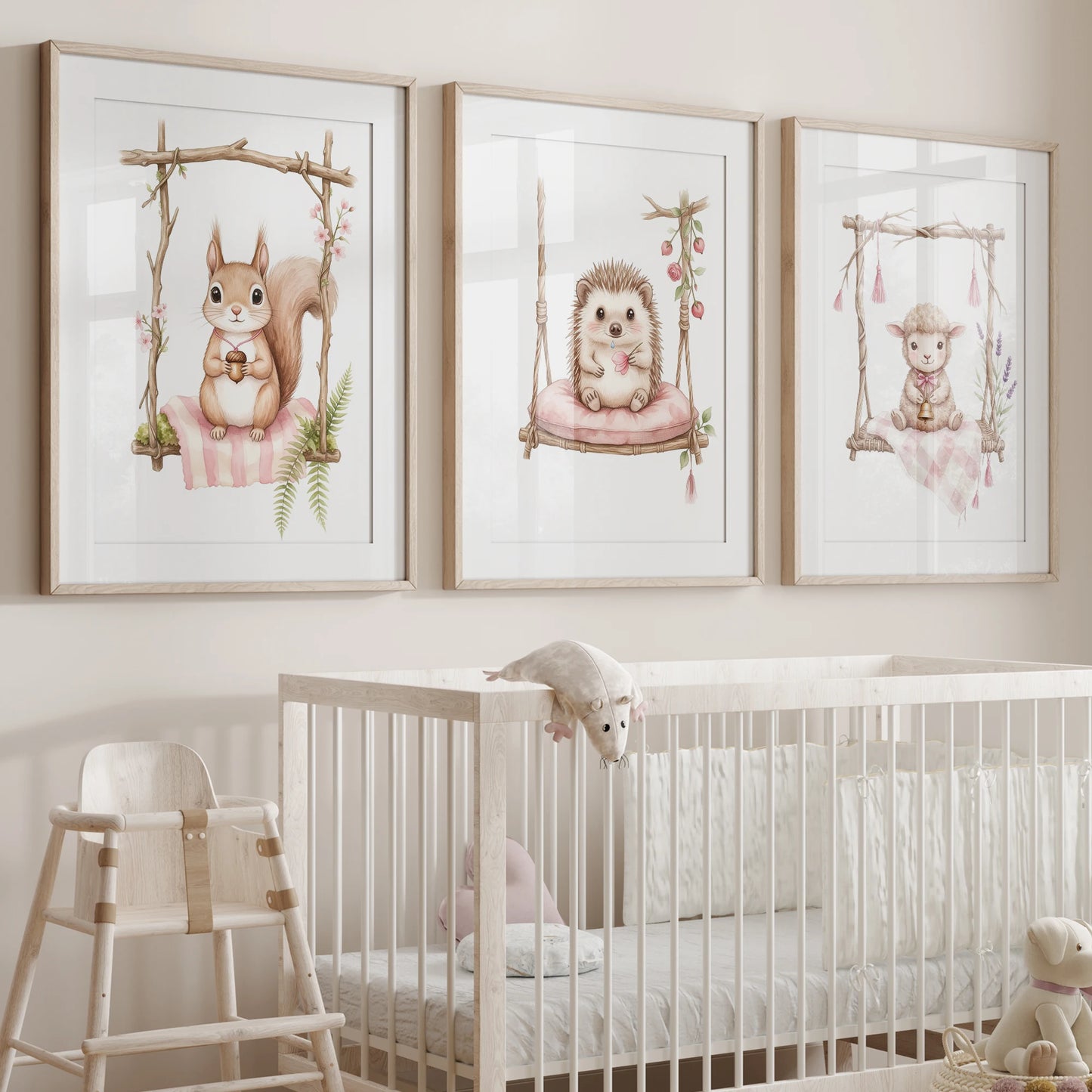 Cartoon Animals Pink Swing Watercolor Canvas Wall Art Kids Room