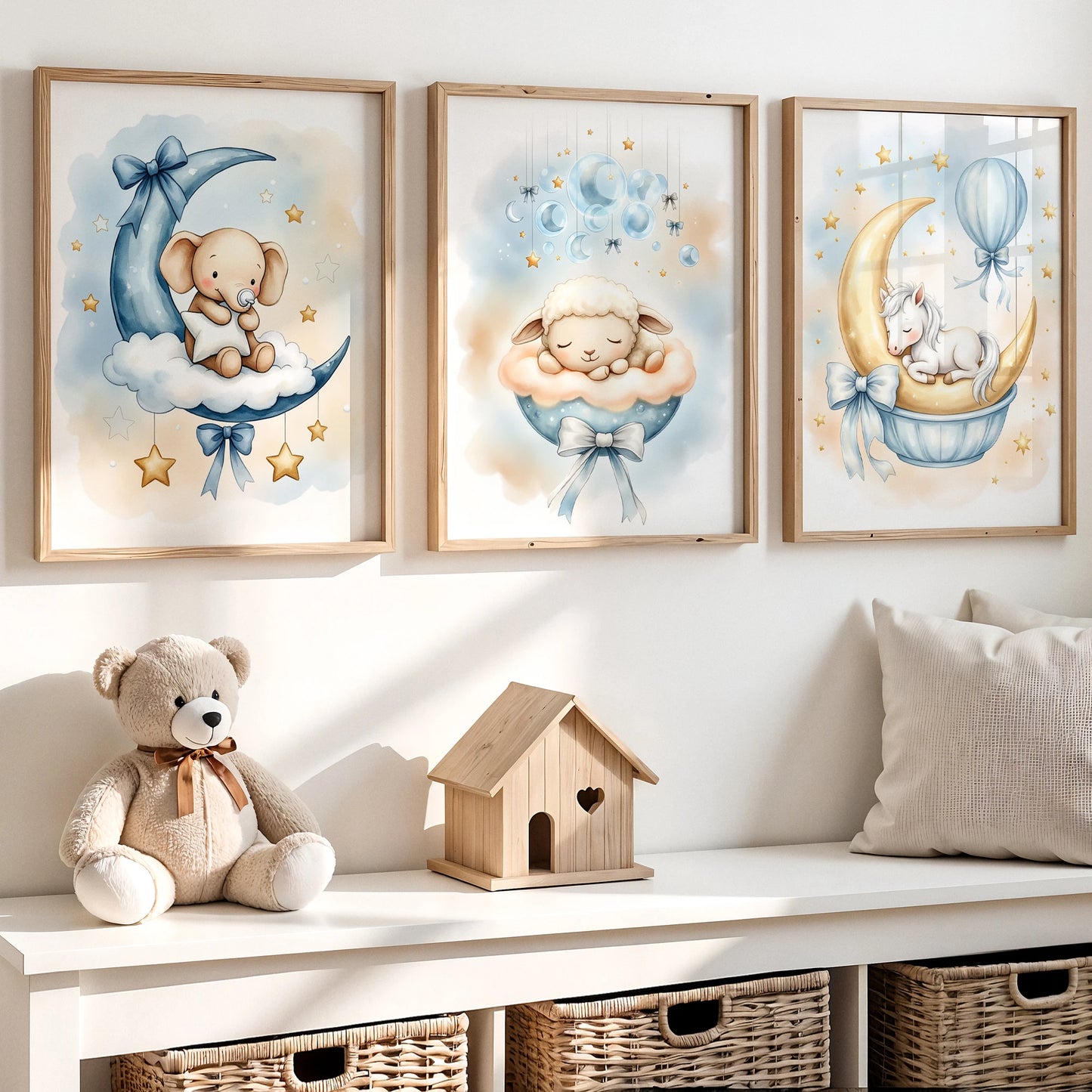 Cartoon Blue Unicorn Elephant Canvas Wall Art – Kids Room Decor