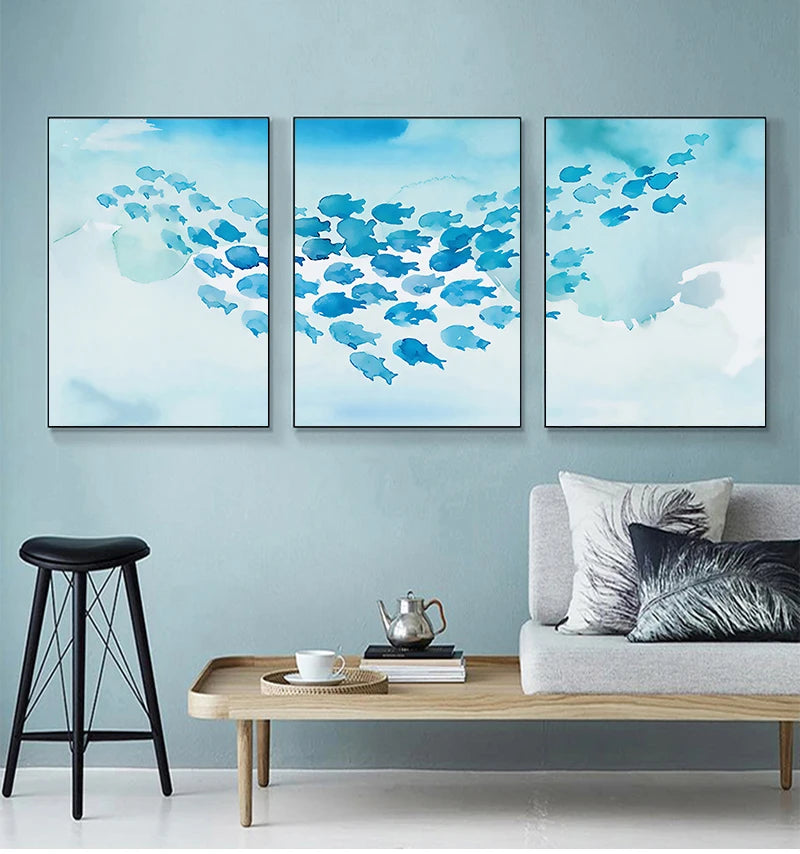 Abstract Poster Cartoon Blue Fish Group Canvas Painting Childlike Wall Art Pictures Print Room Decorative For Nursery Children Peaceful Pleasures Health and Wellness