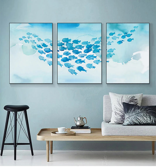 Abstract Poster Cartoon Blue Fish Group Canvas Painting Childlike Wall Art Pictures Print Room Decorative For Nursery Children Peaceful Pleasures Health and Wellness