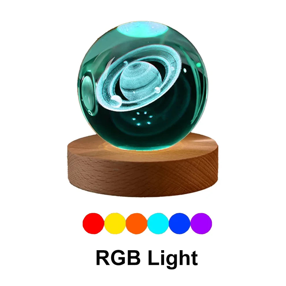 6cm Bedside RGB Lamp Solar Theme Cosmos Series Crystal Ball Night Lights Milky Way Moon Small Ornaments for Desk Creative Gift Peaceful Pleasures Health and Wellness Saturn-RGB USB Plug