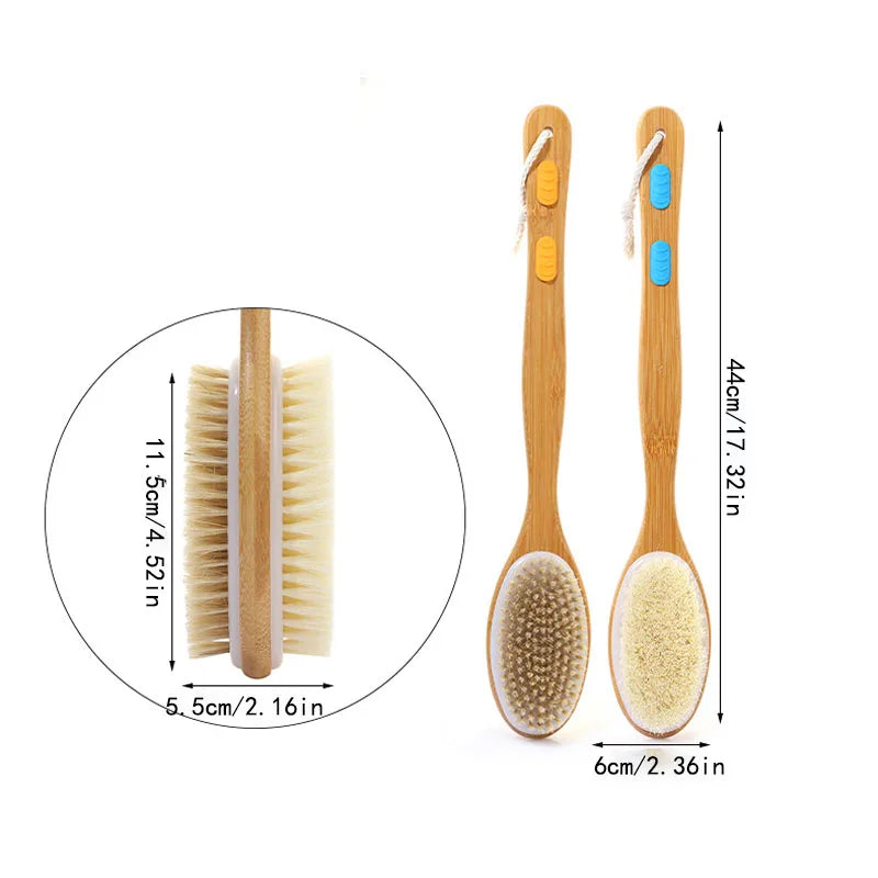 Shower brush with soft and hard bristles, double sided long handle, back scrub body exfoliator, suitable for both wet and dry us Peaceful Pleasures Health and Wellness