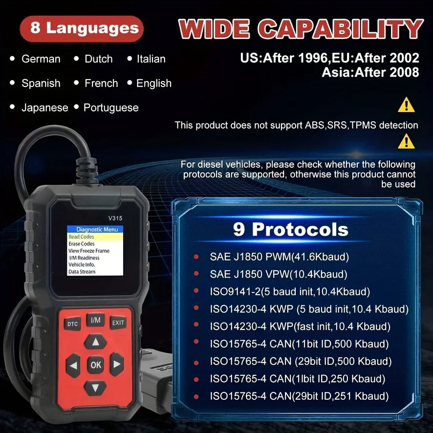 Obd2 Car Diagnostic Tool V315 - Suitable for All Models from 1996 Onwards, up to 36V, No Batteries Required Peaceful Pleasures Health and Wellness