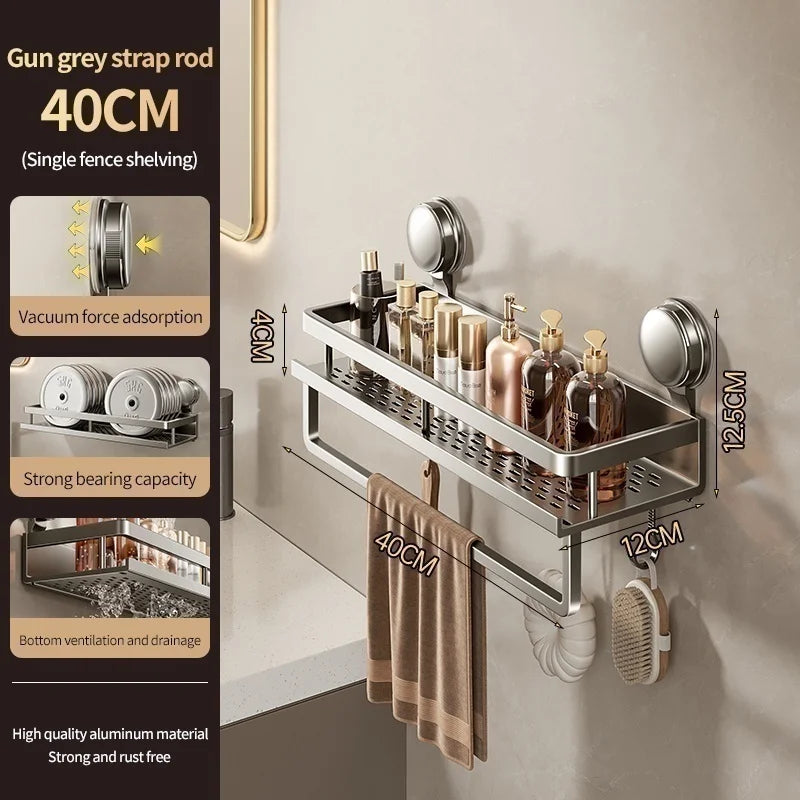No-Drill Aluminum Suction Cup Bathroom Shelf Wall Organizer