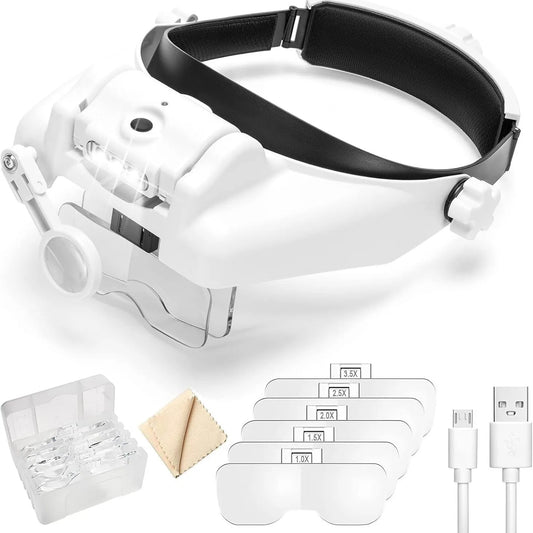 Head Mounted Magnifying Glass with 3Led and Multiple Power Usb Charging Peaceful Pleasures Health and Wellness WHITE