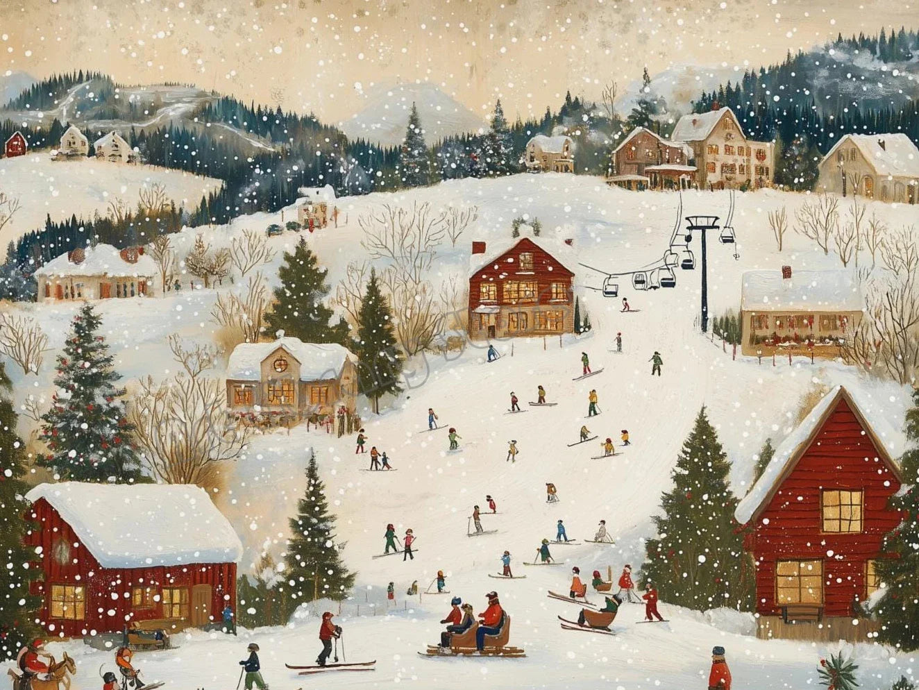 Snowy Christmas Village Canvas Wall Art | Unframed Holiday Print