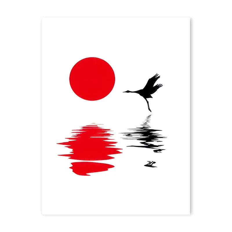 Red Crane Hokusai Canvas Wall Art | Coastal Vintage Print