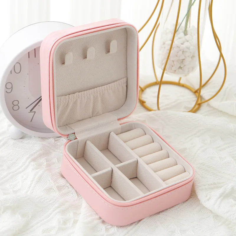 Travel PU Leather Jewelry Box – Zipper Case | Black, Pink, White