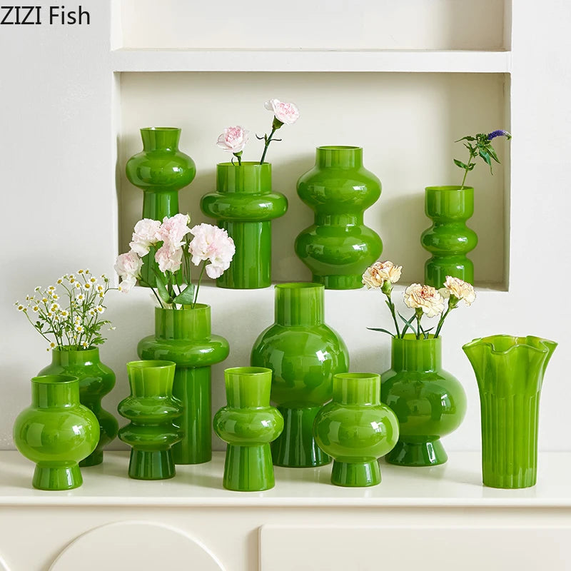 Green Glass Vase | Hydroponics Plant Pot & Floral Decor