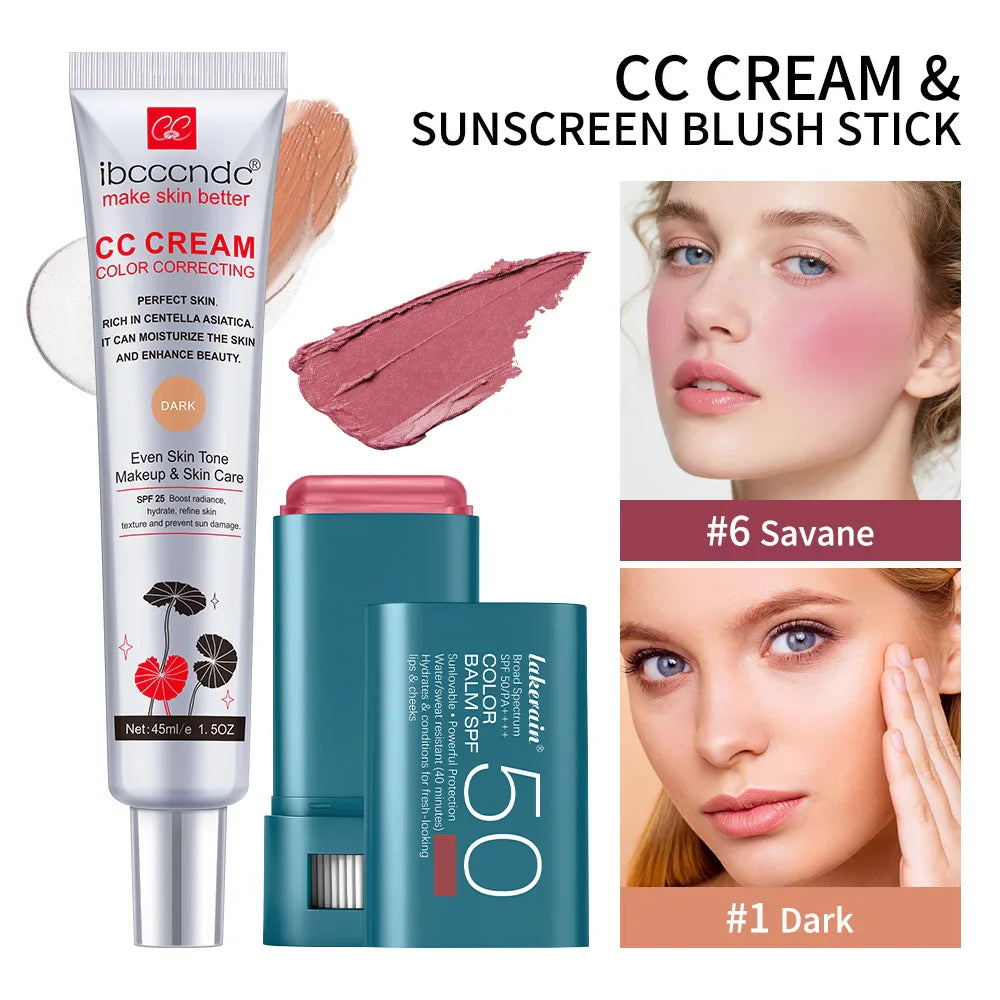 CC Cream & SPF 50 Blush Stick Set – Waterproof Korean Makeup