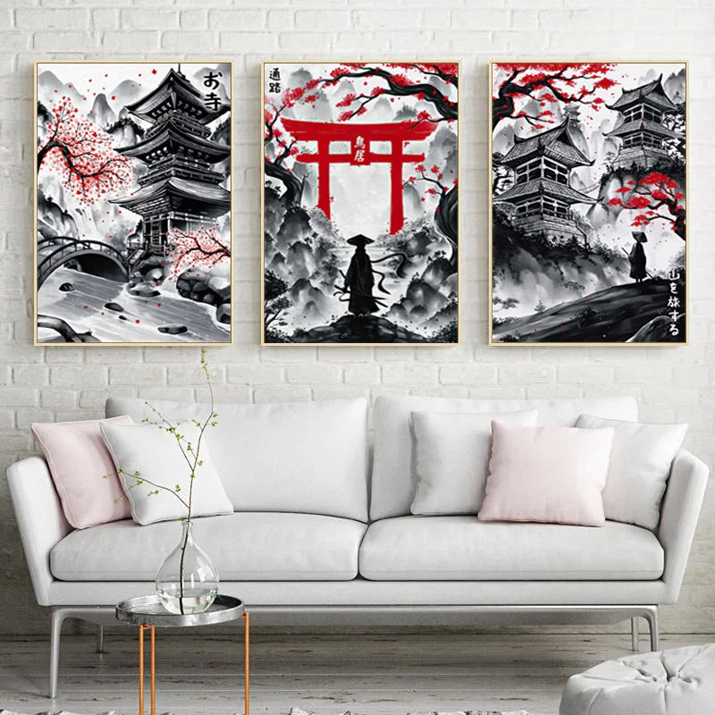 Landscape Canvas Painting Black And Red Posters Vintage Ink Art Wall Prints For Living Room Home 3pcs Frameless Japanese Natural Peaceful Pleasures Health and Wellness T80232-94 50x70cm Unframed