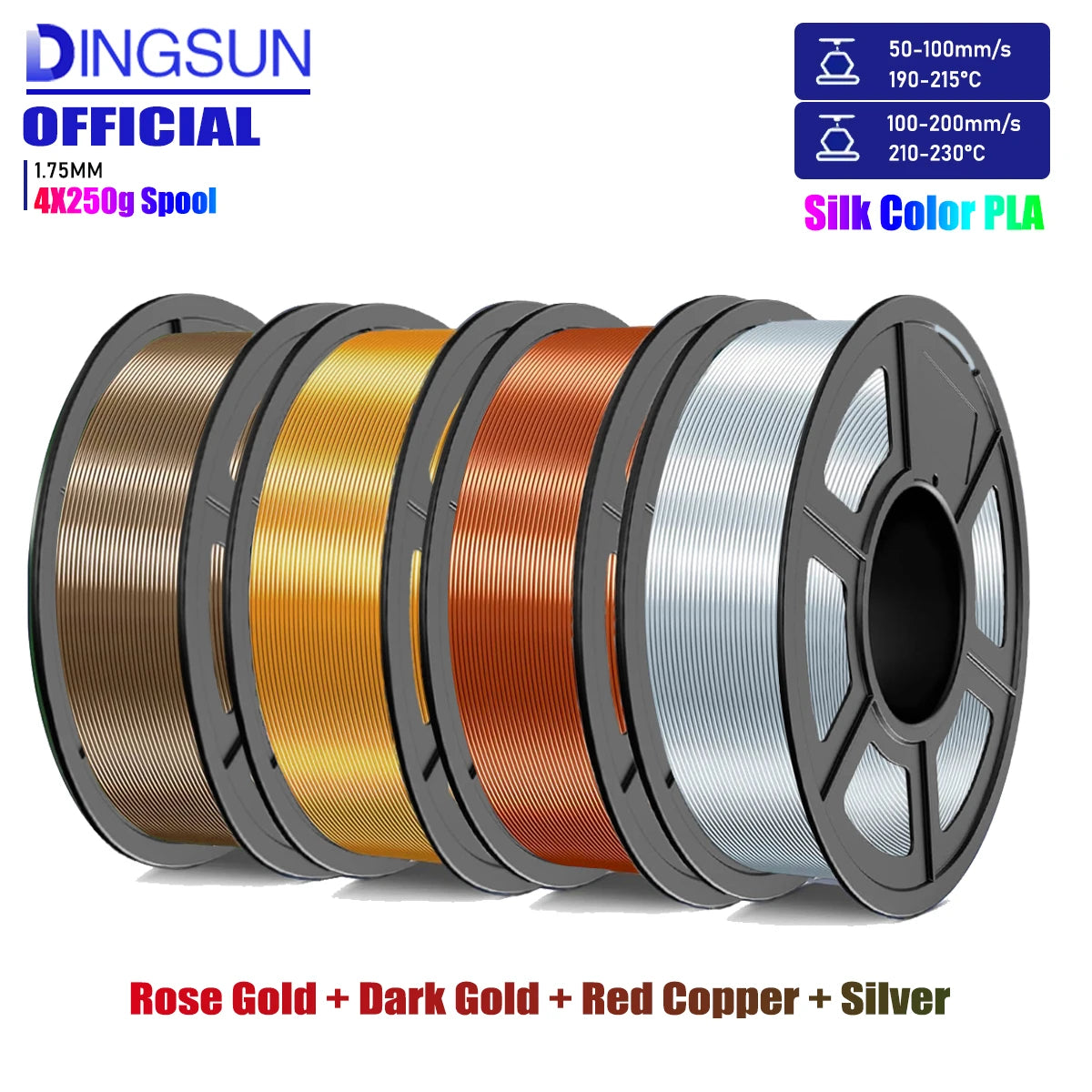 DINGSUN 3D Silk PLA Filament 1.75mm – Shiny, ±0.02mm Accuracy