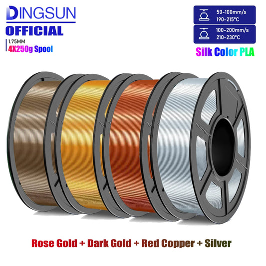 DINGSUN 3D Silk PLA Filament 1.75mm – Shiny, ±0.02mm Accuracy 3D Printer Filament Peaceful Pleasures Health and Wellness 4 Color set S