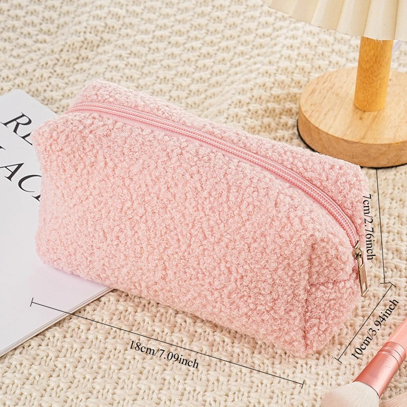 2026 Cute Zipper Plush Large Solid Color Cosmetic Bag Makeup Bag for Women Travel Make Up Toiletry Bag Washing Pouch Pen Pouch Peaceful Pleasures Health and Wellness