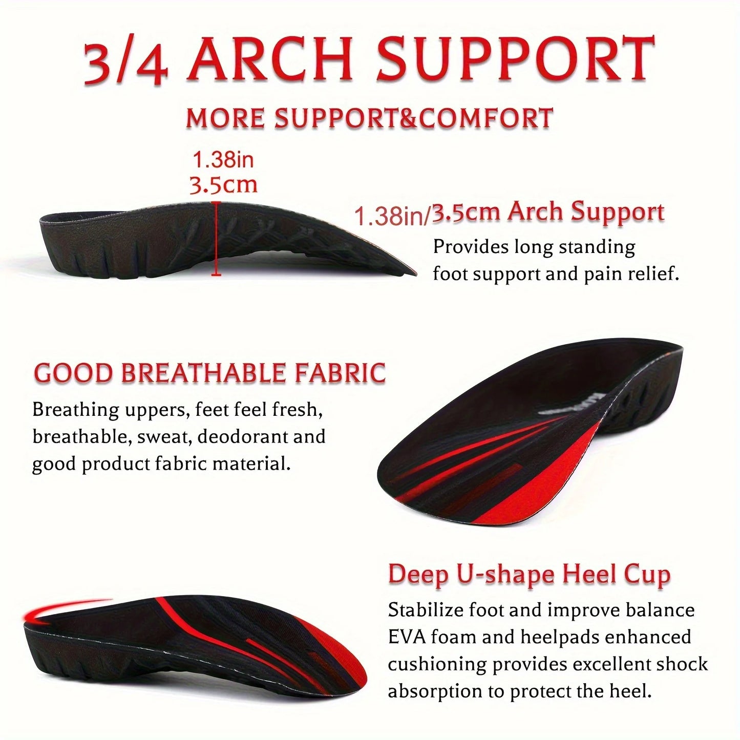 3/4 Flat Feet High Arch Support Insoles, Orthopedic Shoes Sole Pads For Relief Heel Pain, Plantar Fasciitis, Over-Pronation etc. Peaceful Pleasures Health and Wellness