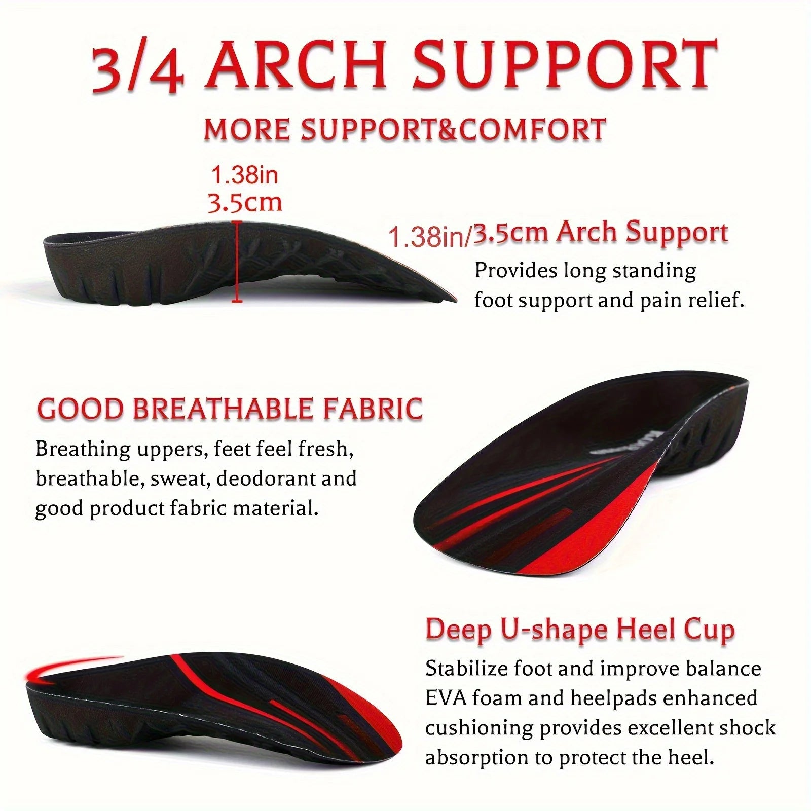 3/4 Flat Feet High Arch Support Insoles, Orthopedic Shoes Sole Pads For Relief Heel Pain, Plantar Fasciitis, Over-Pronation etc. Peaceful Pleasures Health and Wellness