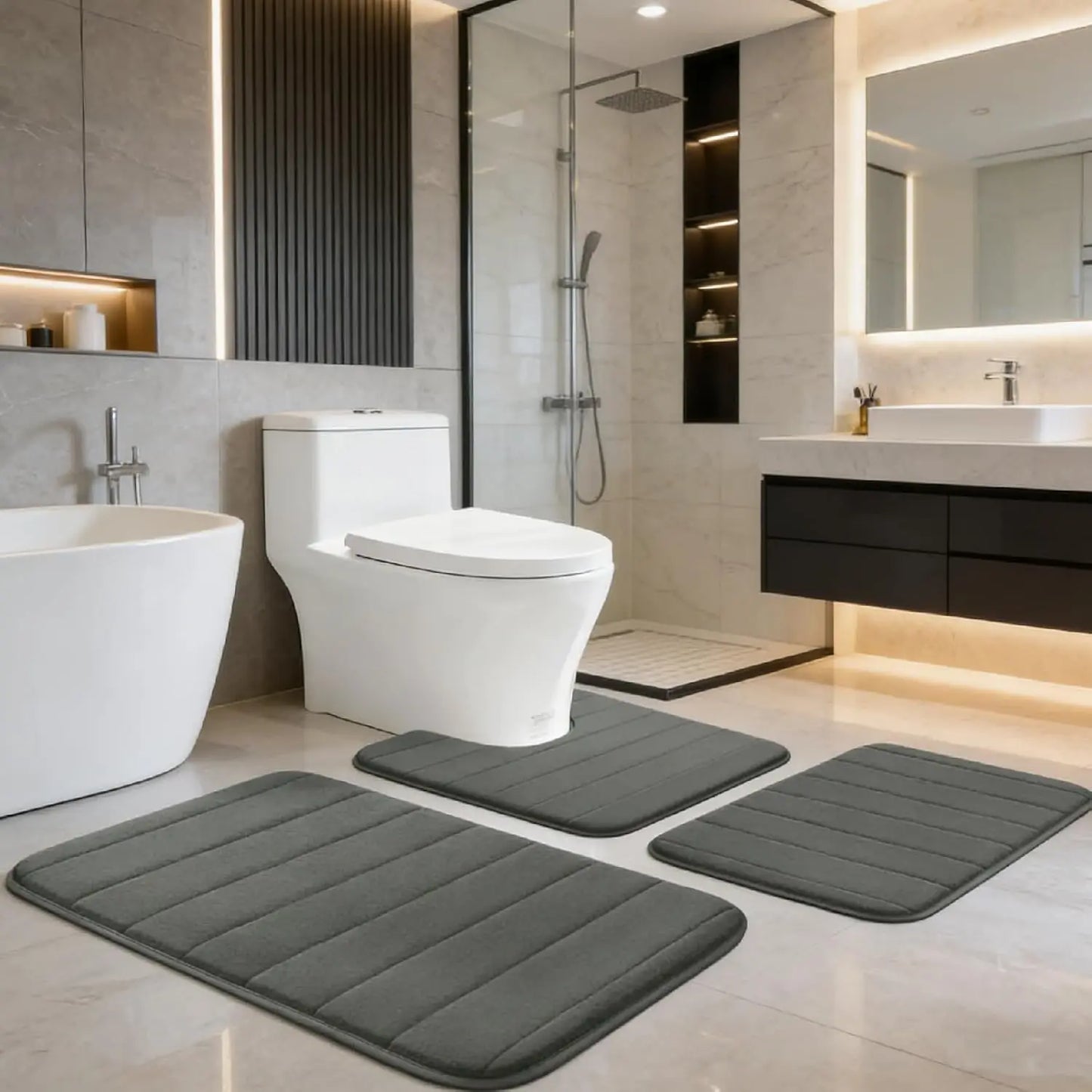 3Piece Non-Slip Bath Mat Set Memory Foam Bathroom Rugs Water Absorbent Shower Mat Machine Washable Toilet Mat for Bathroom Floor Peaceful Pleasures Health and Wellness