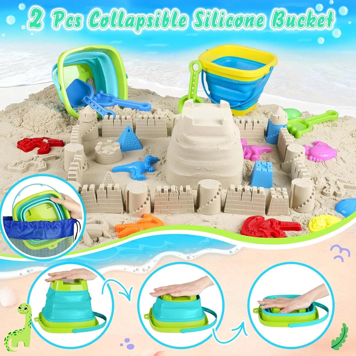 Dinosaur Beach Sand Toys Set for Kids – Bucket, Truck & Molds