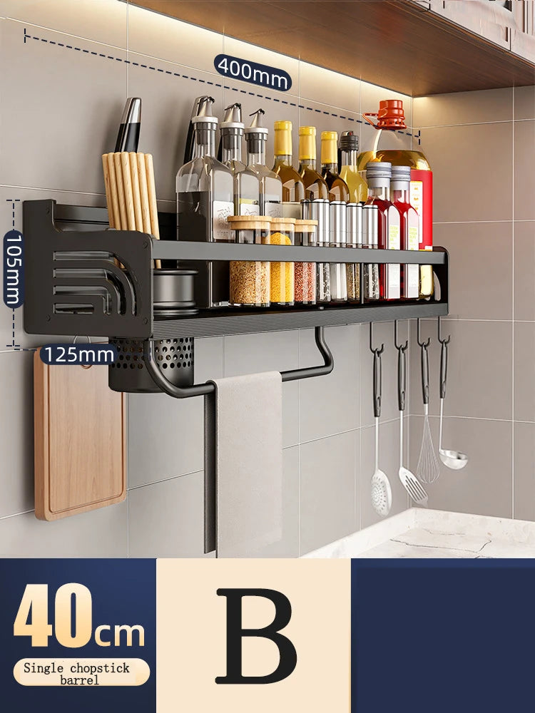 Kitchen Organizer Shelf Wall-mounted Spice Storage Rack Kitchen Knife Holder Wall Seasoning Chopstick Spoon Shovel Storage Peaceful Pleasures Health and Wellness 40CM B