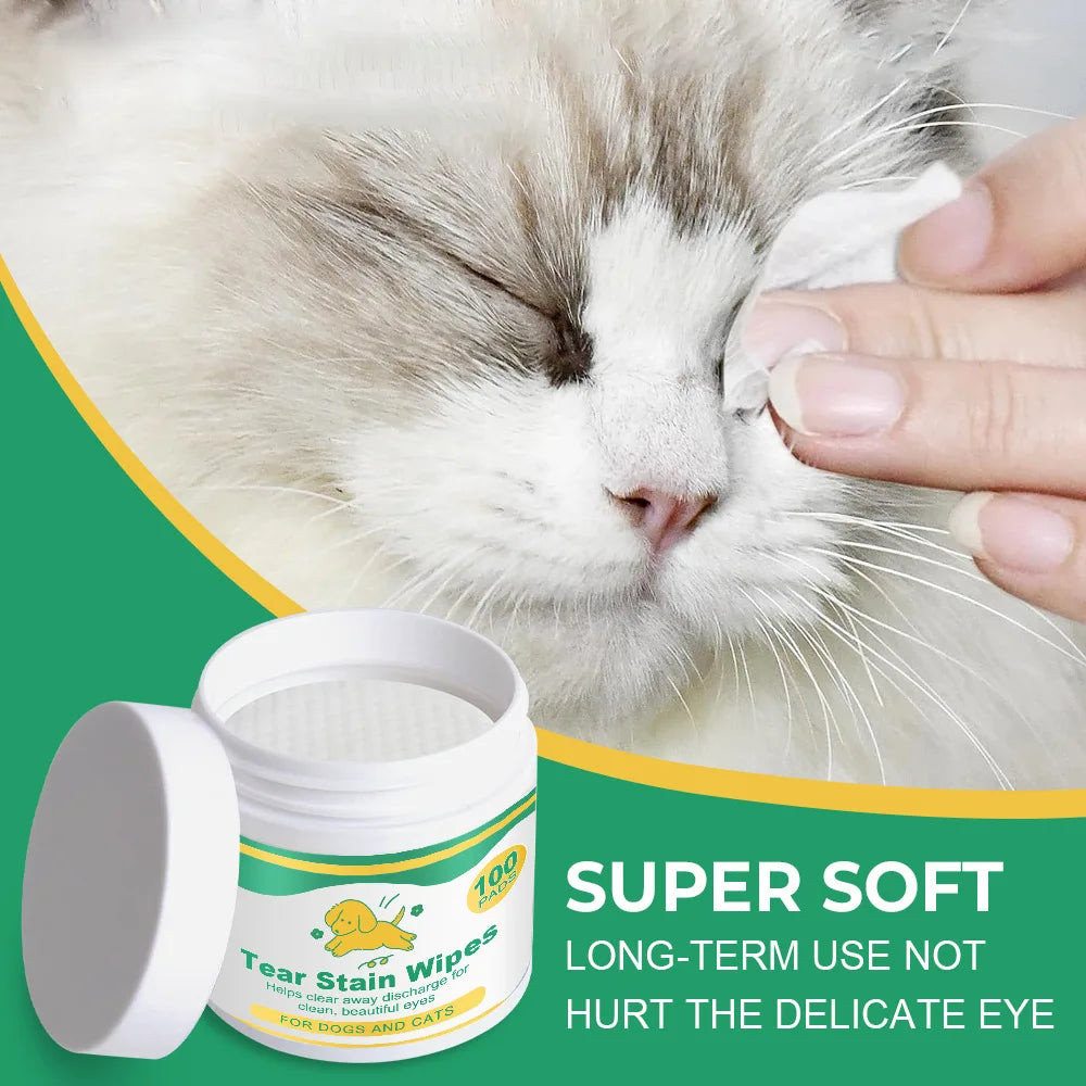 Pet Tear Stain Wipes 100 Pads – Vitamin B5 & C for Dogs & Cats