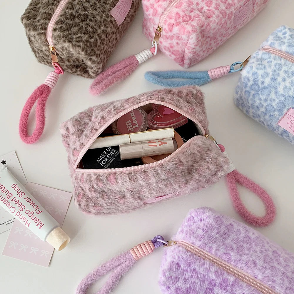 Plush Leopard Print Makeup Bag Student Portable Stationery Pencil