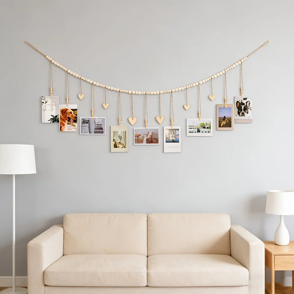Rustic Boho Hanging Photo Display | Wood Beads, Clips & Tags