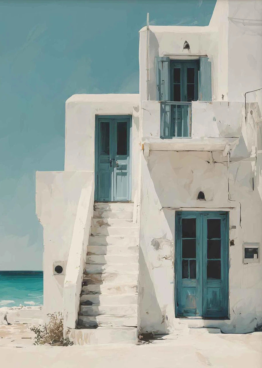 Santorini Mediterranean Coastal Canvas Wall Art Print | Unframed