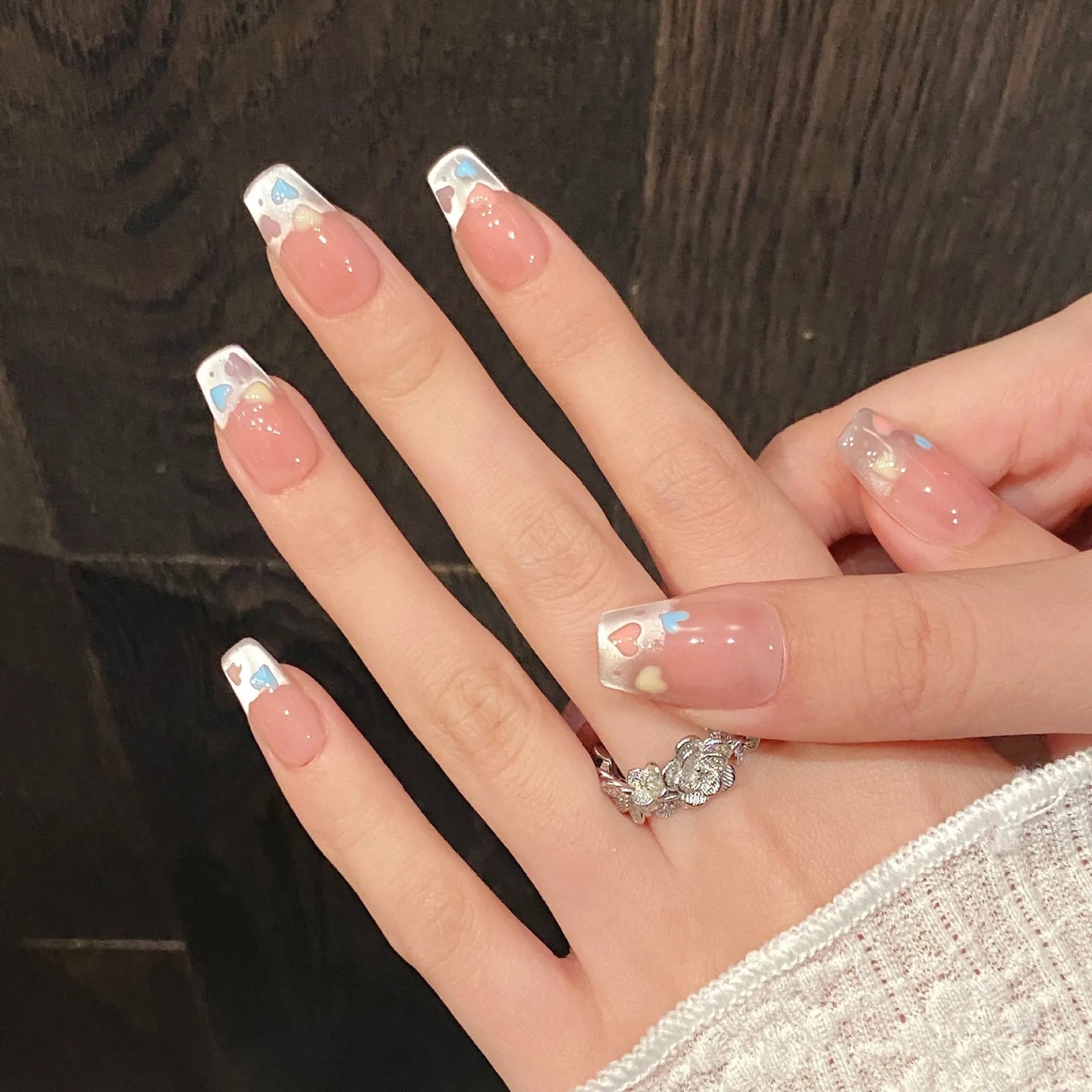 French Cat Eye Press On Nails – Heart Print Korean Style 10pcs