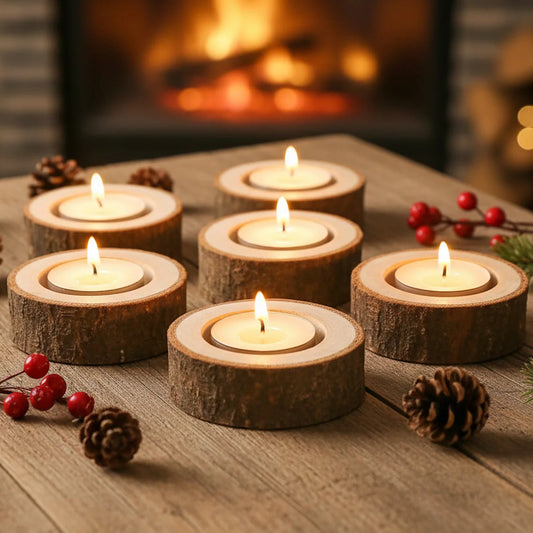 Leeseph 6 Pack Wooden Decorative Candle Holder, Vintage Wooden Tealight Holders Set for Dining Table Wedding Party Peaceful Pleasures Health and Wellness